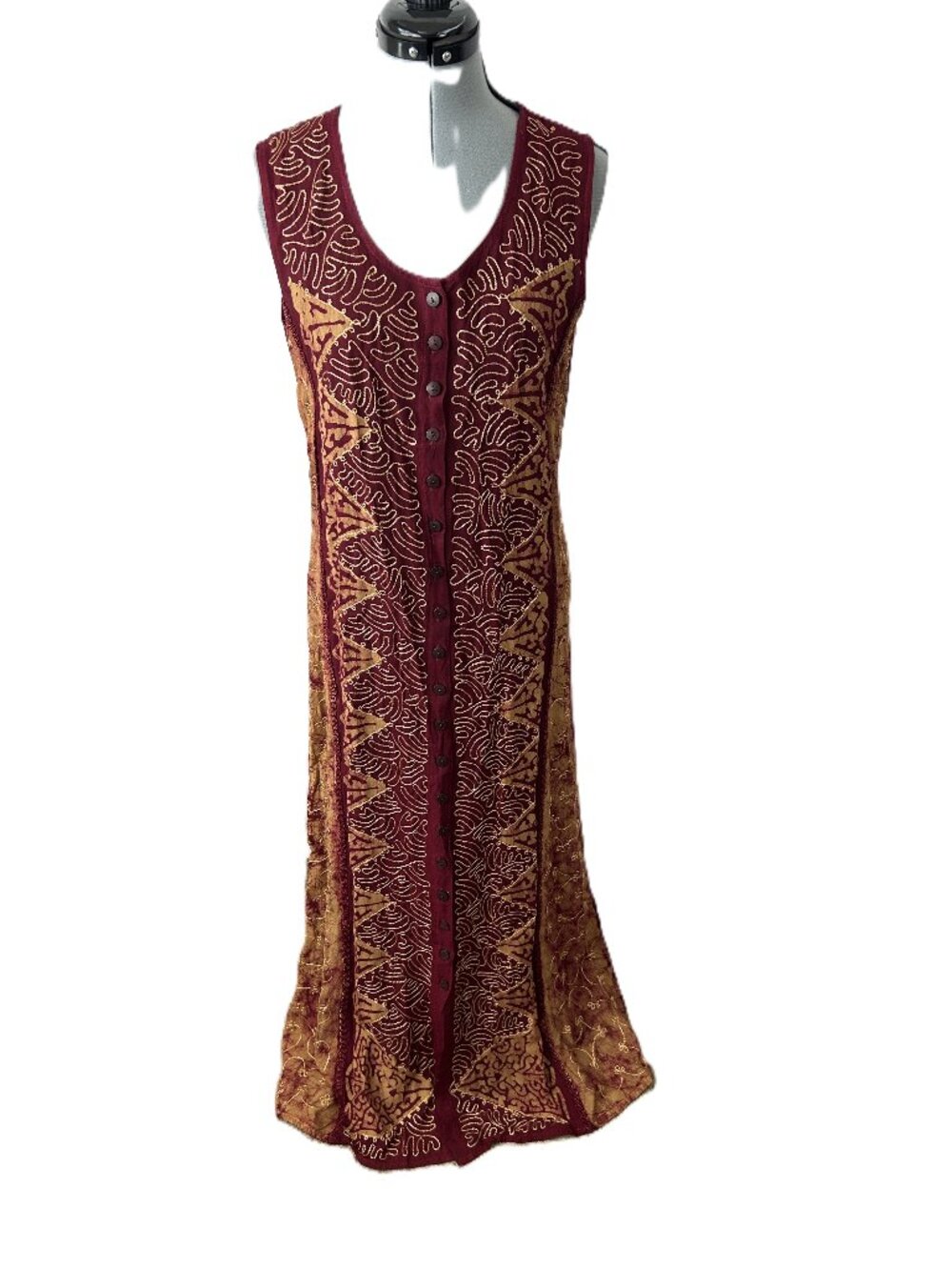 Advance Apparel Batik Embroidered Maxi Dress M Burgundy Hippie Boho Indie